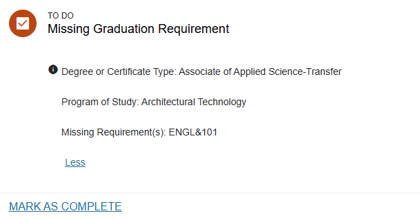 image of Legend to-do item showing a red circle with a checkmark stating TO DO Missing Graduation Requirement, details about the missing requirement, and a link that says MARK AS COMPLETE