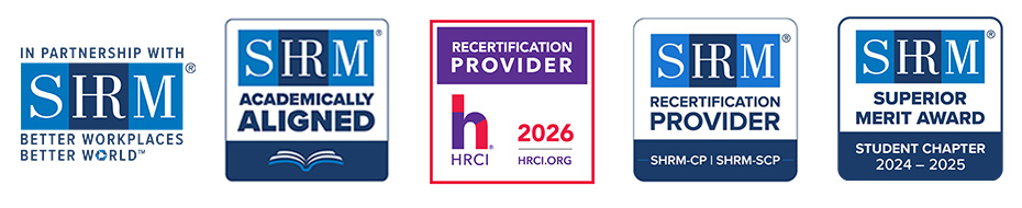 Lineup of 5 logos. 1st logo signifies LWTech is a 2024 recertification provider for HRCI.org. The 2nd notes that LWTech is a SHRM-CP and SHRM-SCP Recertification Provider. The 3rd is a 2022-2023 Student Chapter of SHRM Superior Merit Award. The 4th acknowledges LWTech's partnership with SHRM. The 5th is that LWTech is academically aligned with SHRM.
