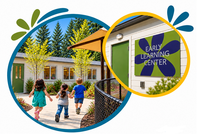 two circles with images. Left circle features a pathway with children running. Right circle features a sign that states Early Learning Center.