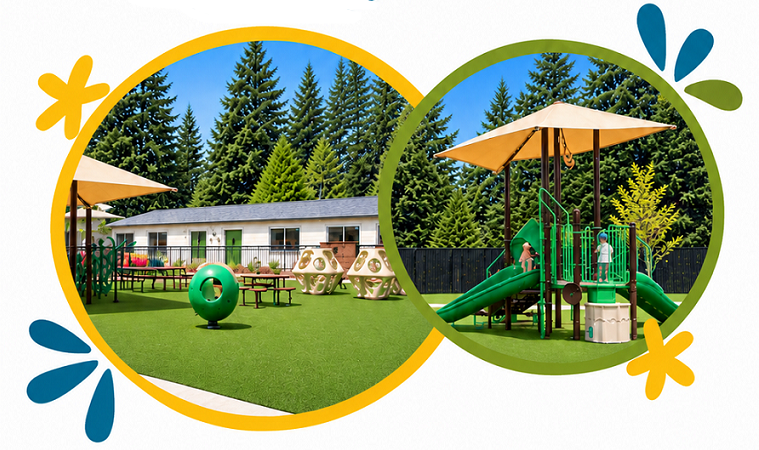 two circles featuring two images of the ELC courtyard and playground